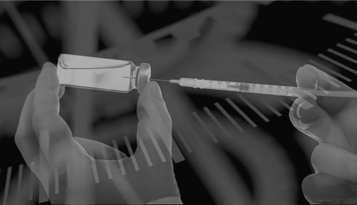 illustration black and white clock hand with vaccine syringe