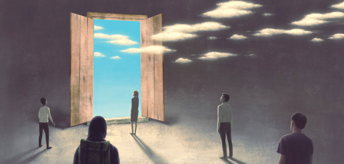 three figures in empty room looking at door to clouds painting