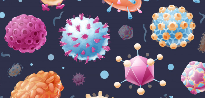 Seamless pattern with common viruses. Microbiology, models of pathogens.