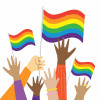 gay rainbow flags and diverse hands up in the air
