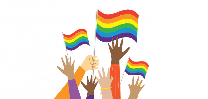 gay rainbow flags and diverse hands up in the air