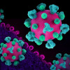 Layout featuring colorized 3D prints of HIV virus particles (pink with teal surface proteins) and a background image that is a colorized transmission electron micrograph of HIV virus particles (pink) budding and replicating from an H9 T cell (purple). Mic