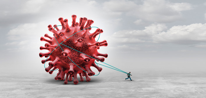 illlustration tiny man pulling giant hiv virus