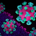 Layout featuring colorized 3D prints of HIV virus particles (pink with teal surface proteins) and a background image that is a colorized transmission electron micrograph of HIV virus particles (pink) budding and replicating from an H9 T cell (purple). Mic